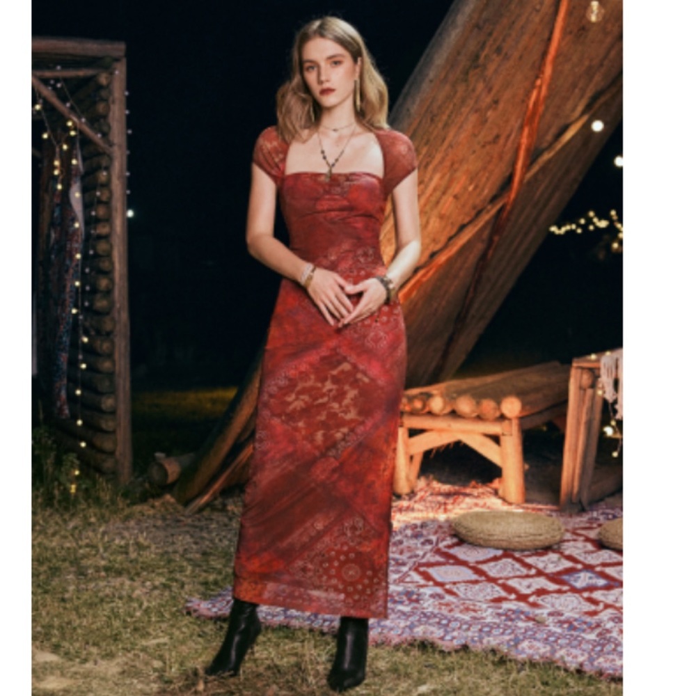 Cider Paisley Pattern Mesh Maxi Dress NWT